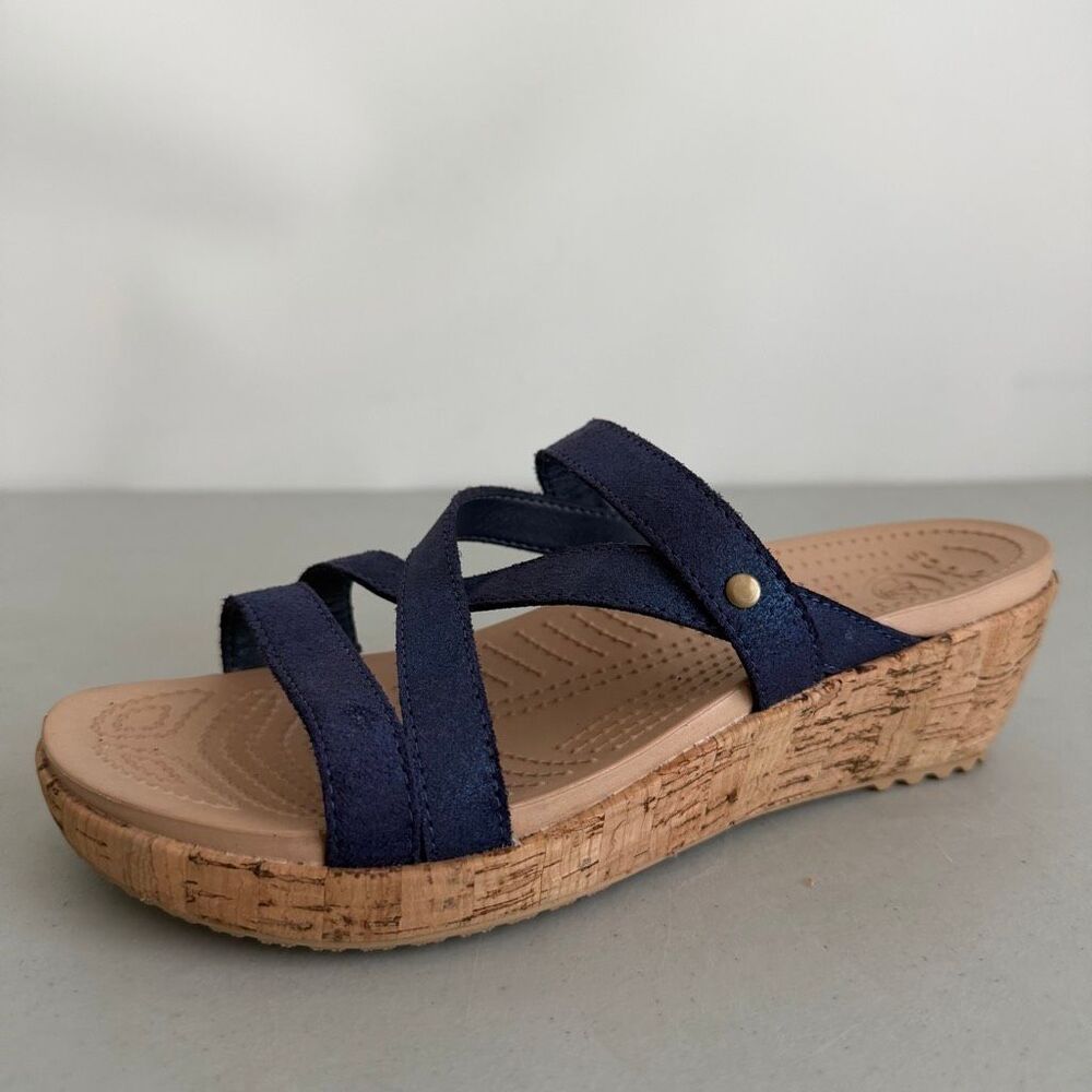Crocs A-Leigh Cork Wedge Sandals Women's 6 W Blue Straps
